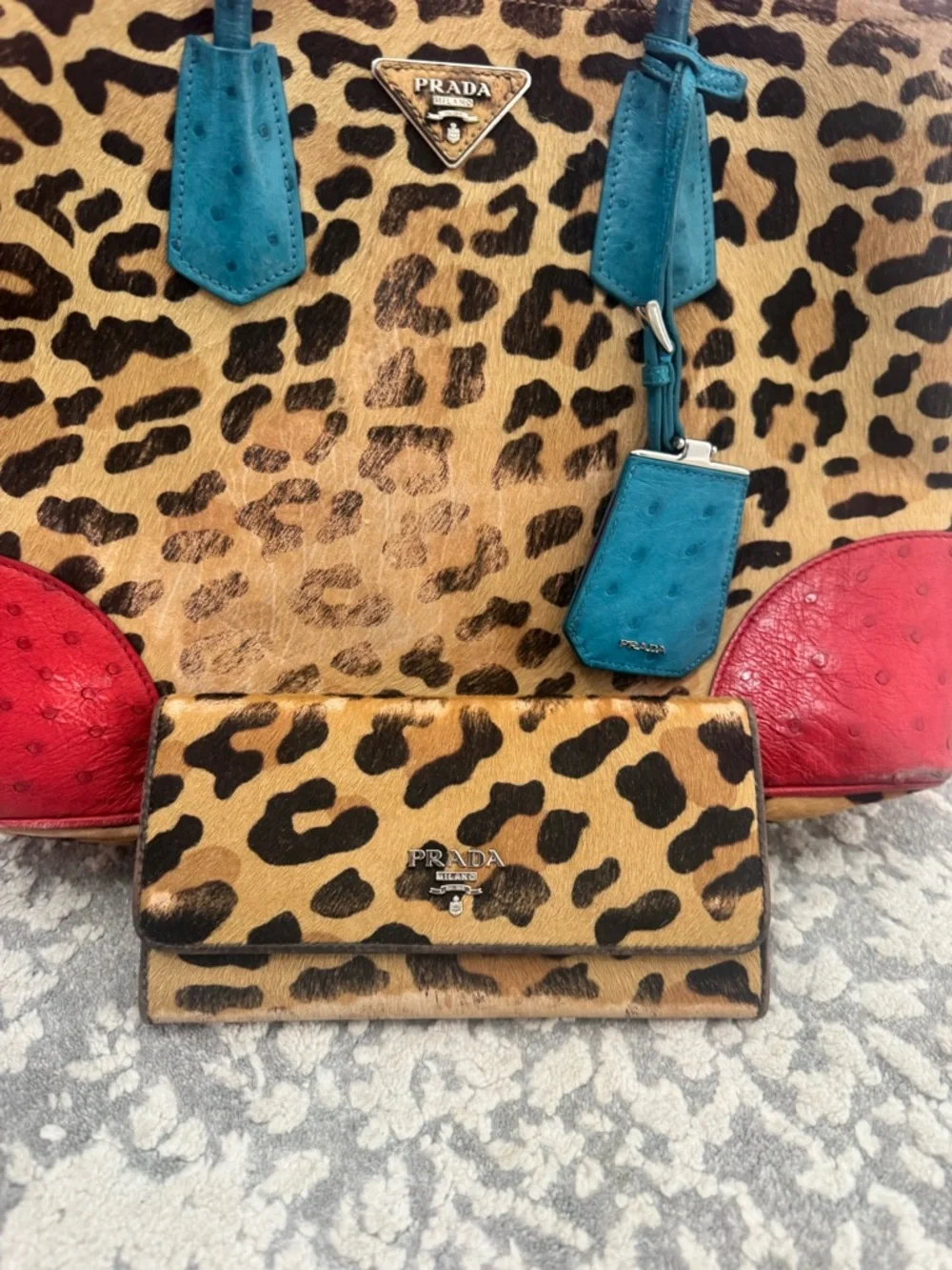 Prada Leopard Haircalf Tote Bag + Wallet Set Teal Red Rare Colorblock Authentic - Picture 12 of 14